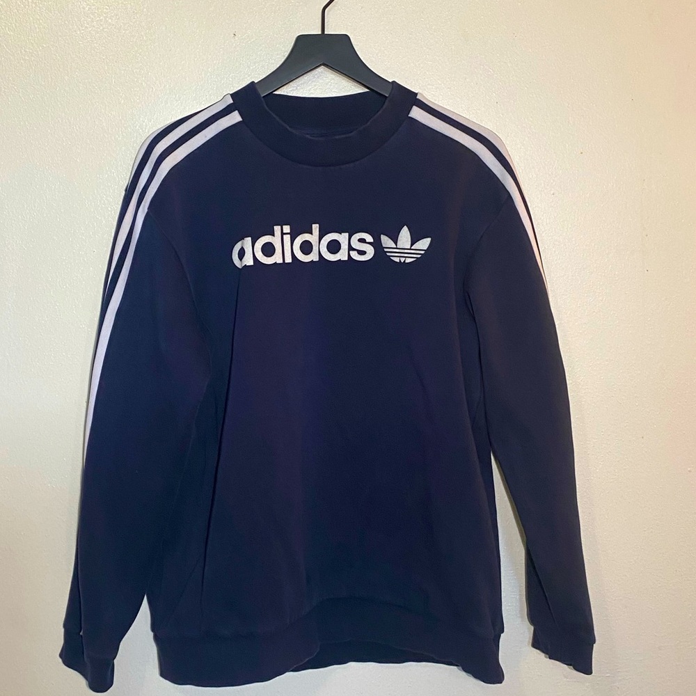 Adidas Navy Blue Sweatshirt With Felt Letters & Logo Three White Stripes Size M